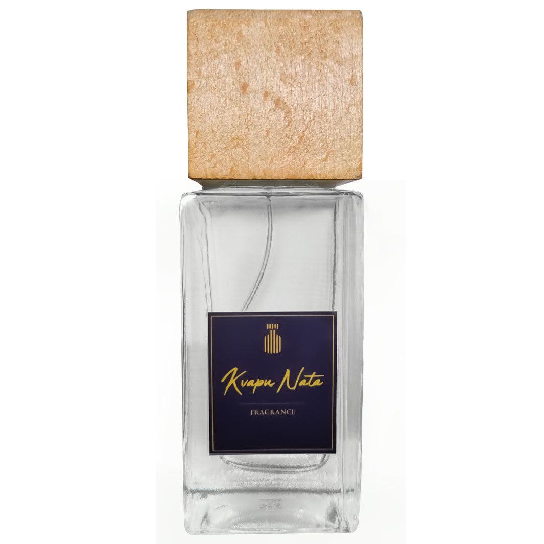Transparent fragrance bottle with wooden cap and elegant label design for Kvanp Nati.